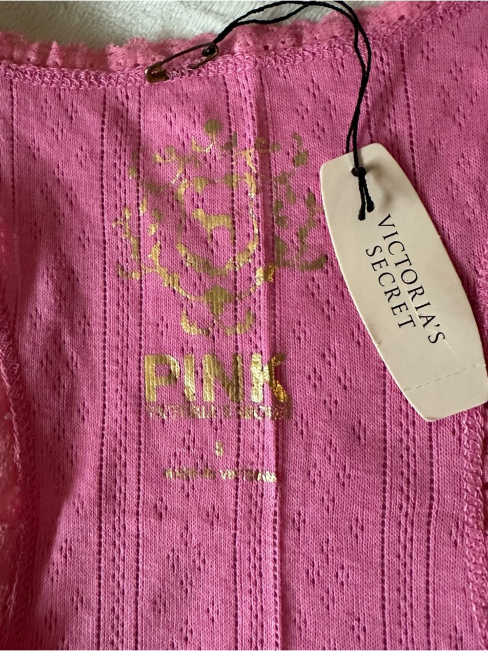 PINK Victoria's Secret Hot Pink Ribbed Lace-Trim Tank Y2K - Picture 5 of 7
